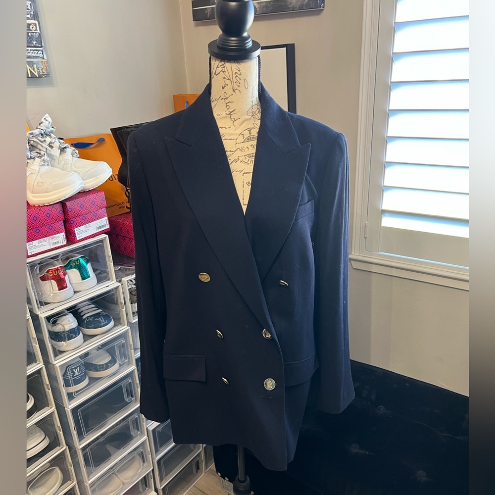 RALPH LAUREN Crepe Wool Blend Notch Lapel Long Sleeve Double Breasted Blazer